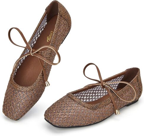 Trary Mary Jane Shoes Women Woven Flats for Women Dressy Ballet Flats Spring Summer Squared Toe Lace Up Mary Jane Flats Shoes in Kuwait