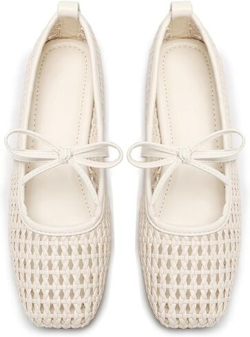 Women's Square Toe Ballet Flats, Mary Jane Bow Slip-On, Foldable Mesh Woven Ballerina Flat Shoes, Dressy Comfortable for Work, Office & Casual in Saudi Arabia