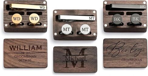 Custom Engraved Wedding Cufflinks and Tie Clip Set with Personalized Wooden Gift Box, Father of the Groom in Saudi Arabia