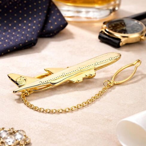 Airplane Tie Clip for Men, Gold Aircraft Tie Bar with Chain, Aviation Travel Theme Tie Pin, Stylish Formal Accessory for Suit Business Wedding Gift in Kuwait