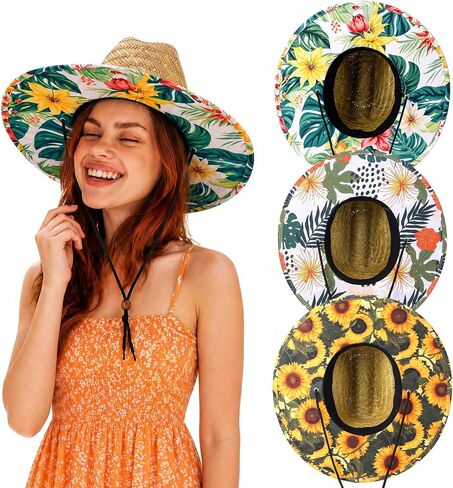 Didaey 3 Pcs Wide Brim Straw Hat with Colored Lining Fabric Patch for Men Women, Wide Brim Beach Sun Hat for Summer Beach Fishing Garden Farm Sun Protection, One Size in Kuwait