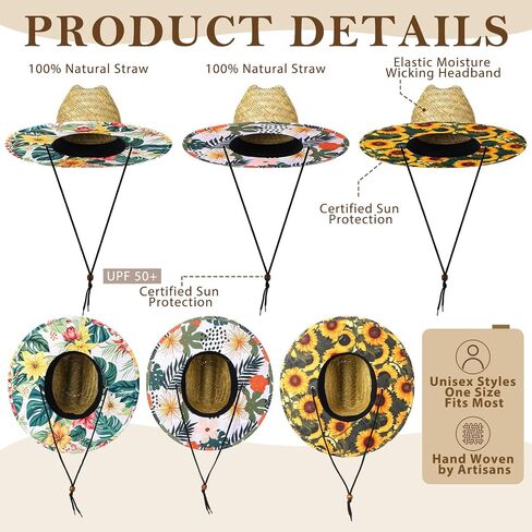 Didaey 3 Pcs Wide Brim Straw Hat with Colored Lining Fabric Patch for Men Women, Wide Brim Beach Sun Hat for Summer Beach Fishing Garden Farm Sun Protection, One Size in Kuwait