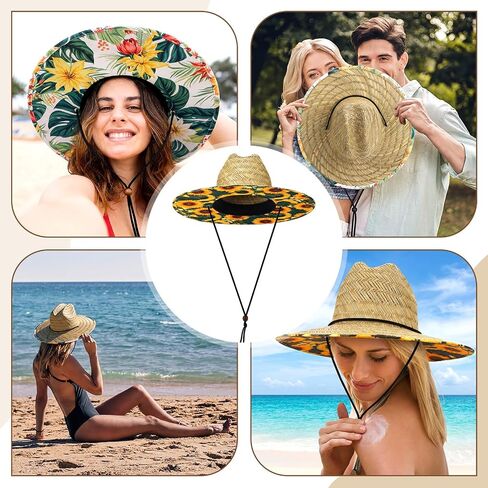 Didaey 3 Pcs Wide Brim Straw Hat with Colored Lining Fabric Patch for Men Women, Wide Brim Beach Sun Hat for Summer Beach Fishing Garden Farm Sun Protection, One Size in Kuwait