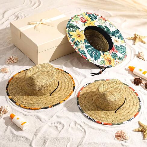 Didaey 3 Pcs Wide Brim Straw Hat with Colored Lining Fabric Patch for Men Women, Wide Brim Beach Sun Hat for Summer Beach Fishing Garden Farm Sun Protection, One Size in Kuwait