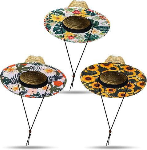 Didaey 3 Pcs Wide Brim Straw Hat with Colored Lining Fabric Patch for Men Women, Wide Brim Beach Sun Hat for Summer Beach Fishing Garden Farm Sun Protection, One Size in Kuwait