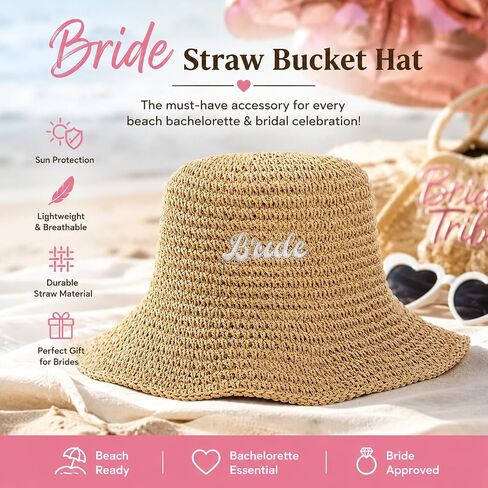 Bride Straw Bucket Hat Bridal Hat Beach Bachelorette Accessory Party Headwear Decorations Wedding Beige Honeymoon Gifts in Saudi Arabia