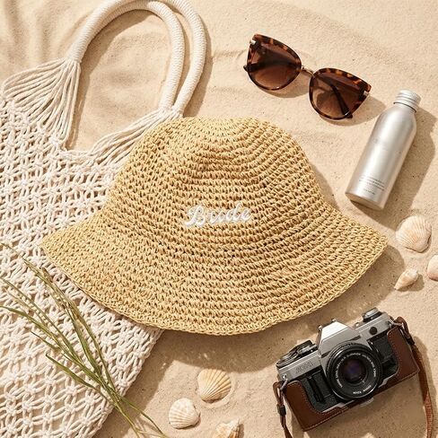 Bride Straw Bucket Hat Bridal Hat Beach Bachelorette Accessory Party Headwear Decorations Wedding Beige Honeymoon Gifts in Saudi Arabia