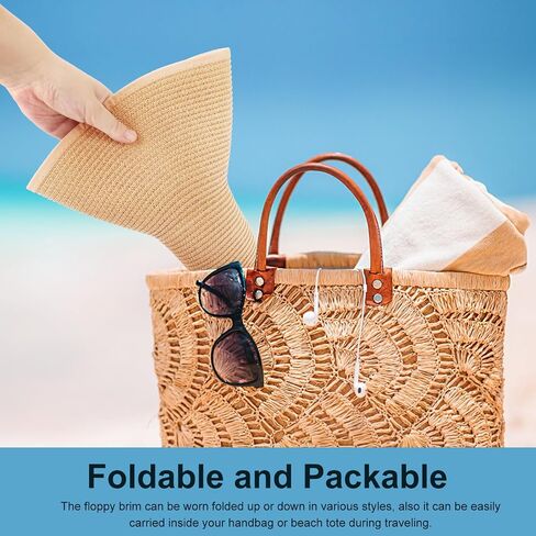 AQOKKA Sun Hats for Women Big Straw Wide Brim Summer Beach Hat Floppy Foldable Roll up Cap for Outdoor UPF 50+ in Kuwait