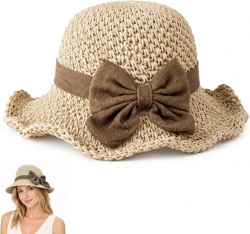Elegant Woven Straw Sun Hat with Bow,Summer Beach Sun Straw Hats for Women,Wide Brim Packable Travel Bucket Hats,Summer Hats in Kuwait