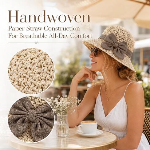 Elegant Woven Straw Sun Hat with Bow,Summer Beach Sun Straw Hats for Women,Wide Brim Packable Travel Bucket Hats,Summer Hats in Kuwait