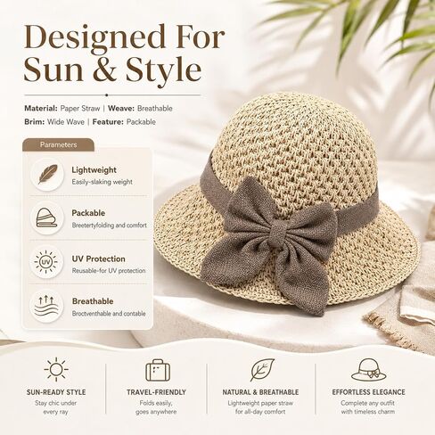 Elegant Woven Straw Sun Hat with Bow,Summer Beach Sun Straw Hats for Women,Wide Brim Packable Travel Bucket Hats,Summer Hats in Kuwait