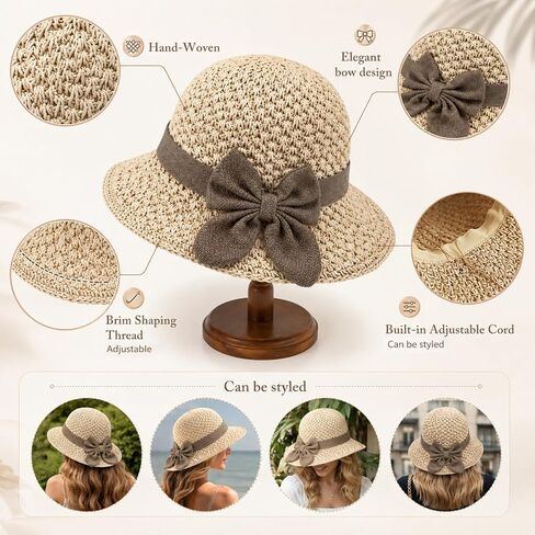 Elegant Woven Straw Sun Hat with Bow,Summer Beach Sun Straw Hats for Women,Wide Brim Packable Travel Bucket Hats,Summer Hats in Kuwait