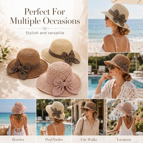 Elegant Woven Straw Sun Hat with Bow,Summer Beach Sun Straw Hats for Women,Wide Brim Packable Travel Bucket Hats,Summer Hats in Kuwait