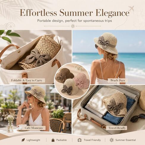 Elegant Woven Straw Sun Hat with Bow,Summer Beach Sun Straw Hats for Women,Wide Brim Packable Travel Bucket Hats,Summer Hats in Kuwait