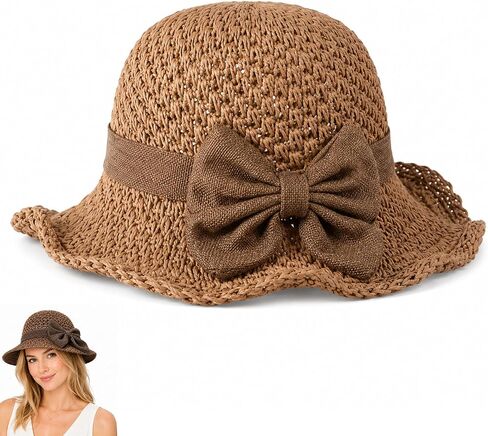Elegant Woven Straw Sun Hat with Bow,Summer Beach Sun Straw Hats for Women,Wide Brim Packable Travel Bucket Hats,Summer Hats in Kuwait