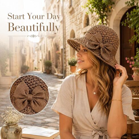 Elegant Woven Straw Sun Hat with Bow,Summer Beach Sun Straw Hats for Women,Wide Brim Packable Travel Bucket Hats,Summer Hats in Kuwait