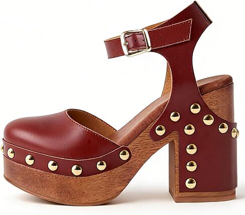 Elbslutt Women's Platform Clogs Heels with Ankle Strap High Block Heel Closed Toe Studded Clogs Sandals Mary Jane Clogs Faux Wood Wedges Heels for Women Comfy Work Shoes in Saudi Arabia