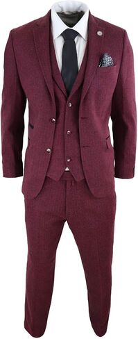 Mens Wool 3 Piece Suit Tweed Burgundy Black Tailored Fit Peaky Blinders Classic in Saudi Arabia