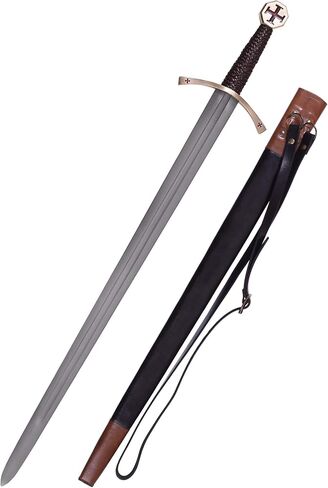 Battle-Merchant Templar Knight Sword with Red Cross – EN45 Carbon Steel Crusader Replica with Leather Scabbard for LARP, Cosplay & Display in Saudi Arabia