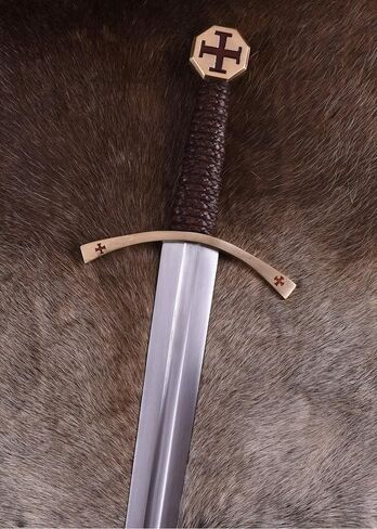 Battle-Merchant Templar Knight Sword with Red Cross – EN45 Carbon Steel Crusader Replica with Leather Scabbard for LARP, Cosplay & Display in Saudi Arabia