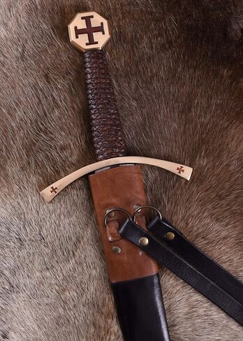 Battle-Merchant Templar Knight Sword with Red Cross – EN45 Carbon Steel Crusader Replica with Leather Scabbard for LARP, Cosplay & Display in Saudi Arabia