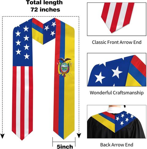 Ecuador Flag Graduation Stole 72 x 5 Inches Decorative Ceremonial Accessory Sash for International Student (Baccalaureate Gown and Hat Not Included) in Kuwait