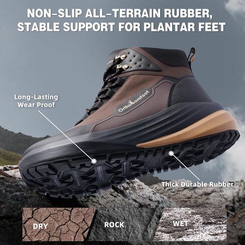 OrthoComfoot Men's Orthopedic Wide Waterproof Hiking Boots: Comfortable Arch Support for Plantar Fasciitis Trail Running Shoes,Orthotic Non-Slip Work Mid Ankle Boots for Foot and Heel Pain Relief in Kuwait