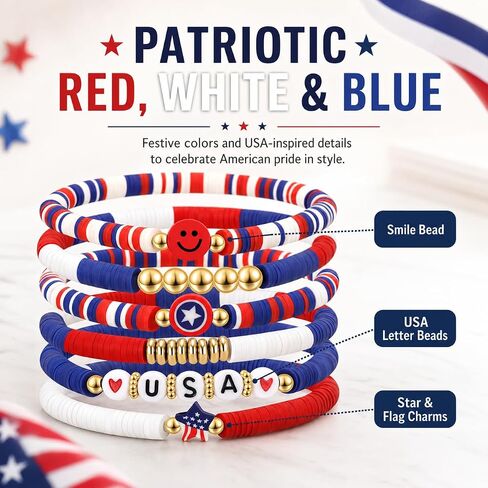 Artlunar Red White Blue Bracelets 4th of July Accessories USA Patriotic Jewelry Gifts for Teens, Women in Kuwait