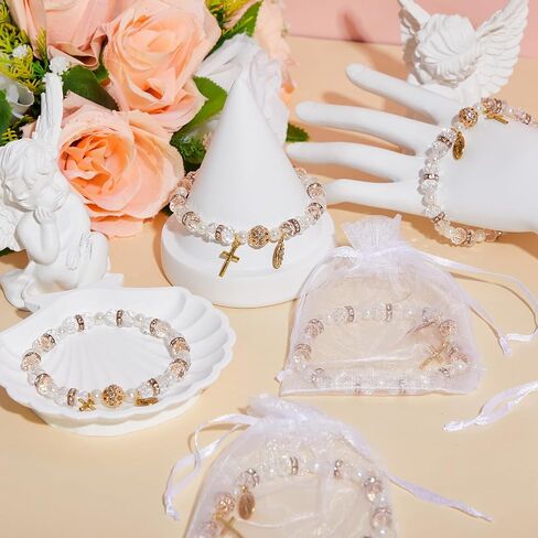 Taiyin Rosary Bracelet Bulk with Mesh Bags, White Religious Rosary Bead Bracelet Catholic Bracelets, Baptism First Communion Gifts for Women in Kuwait