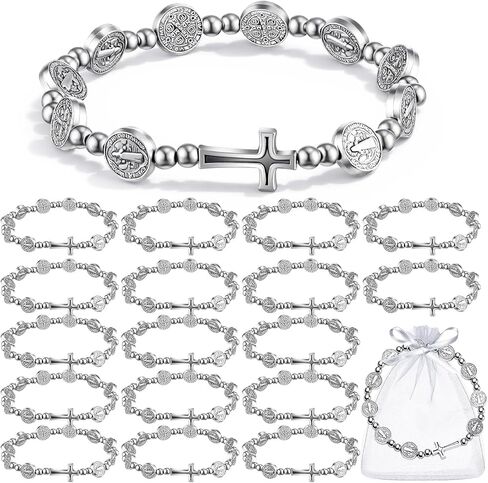 Junkin Rosary Bracelet Bulk St Benedict Catholic Stretch Bracelet with Organza Bags Christian First Communion Baptism Gift in Kuwait
