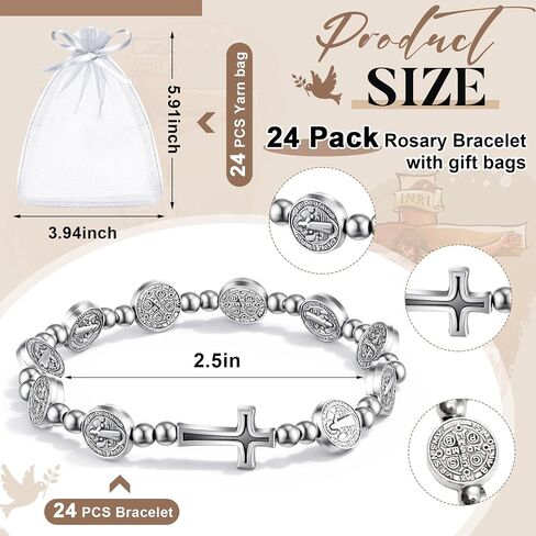 Junkin Rosary Bracelet Bulk St Benedict Catholic Stretch Bracelet with Organza Bags Christian First Communion Baptism Gift in Kuwait