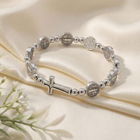 Junkin Rosary Bracelet Bulk St Benedict Catholic Stretch Bracelet with Organza Bags Christian First Communion Baptism Gift in Kuwait