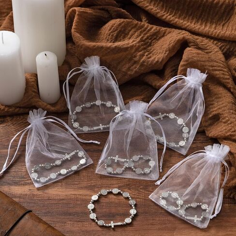 Junkin Rosary Bracelet Bulk St Benedict Catholic Stretch Bracelet with Organza Bags Christian First Communion Baptism Gift in Kuwait