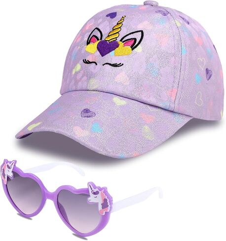 Unicorn Baseball Cap Sunglasses Set for Girls, Adjustable Trucker Cap Heart Sunglasses Sun Hat for Kids Ages 3-8 in Saudi Arabia