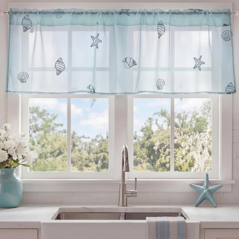 Tegeme 1 Panel Blue Starfish Shell Sheer Valances for Windows 52 x 18 Inch Embroidered Decorative Valances Curtain for Small Window Kitchen Bathroom Living Room Rod Pocket Voile Curtain Decor in Kuwait