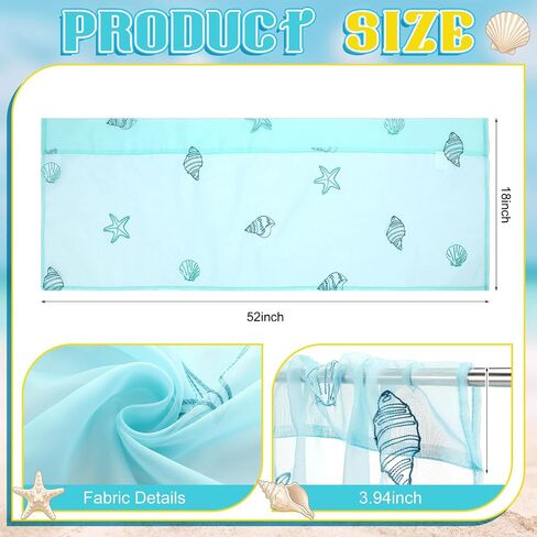 Tegeme 1 Panel Blue Starfish Shell Sheer Valances for Windows 52 x 18 Inch Embroidered Decorative Valances Curtain for Small Window Kitchen Bathroom Living Room Rod Pocket Voile Curtain Decor in Kuwait