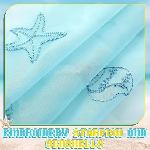 Tegeme 1 Panel Blue Starfish Shell Sheer Valances for Windows 52 x 18 Inch Embroidered Decorative Valances Curtain for Small Window Kitchen Bathroom Living Room Rod Pocket Voile Curtain Decor in Kuwait