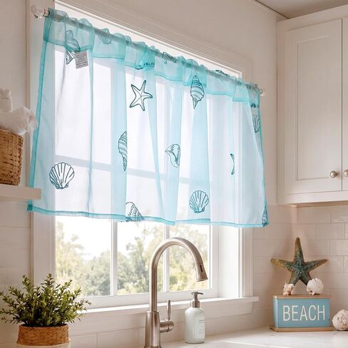 Tegeme 1 Panel Blue Starfish Shell Sheer Valances for Windows 52 x 18 Inch Embroidered Decorative Valances Curtain for Small Window Kitchen Bathroom Living Room Rod Pocket Voile Curtain Decor in Kuwait