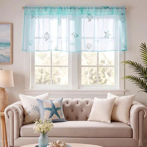 Tegeme 1 Panel Blue Starfish Shell Sheer Valances for Windows 52 x 18 Inch Embroidered Decorative Valances Curtain for Small Window Kitchen Bathroom Living Room Rod Pocket Voile Curtain Decor in Kuwait