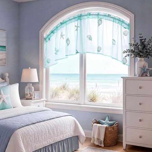 Tegeme 1 Panel Blue Starfish Shell Sheer Valances for Windows 52 x 18 Inch Embroidered Decorative Valances Curtain for Small Window Kitchen Bathroom Living Room Rod Pocket Voile Curtain Decor in Kuwait