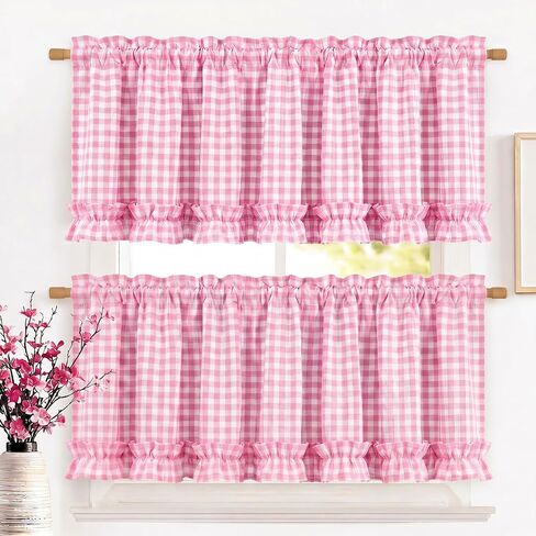 2 Pcs Pink Gingham Ruffled Valances for Window Farmhouse Buffalo Checkered Valances Ruffle Rustic French Country Kitchen Curtains with Rod Pocket for Bathroom Cafe 52" W x 18" L in Saudi Arabia