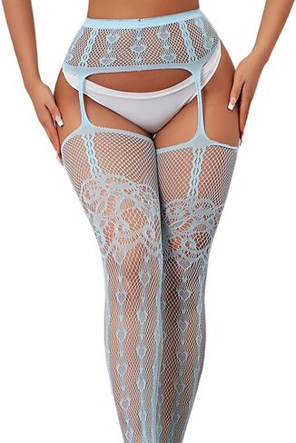 Women Sexy Fishnet Suspender Tights - Garter Stockings, Patterned Thigh High Stocking, Floral Heart Print Fishnets in Saudi Arabia