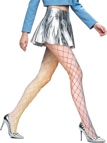 Rainbow Fishnets Tights Women Girls Sexy Colorful High Waist Fishnet Stockings Net Pantyhose for Daily Party Cosplay in Saudi Arabia