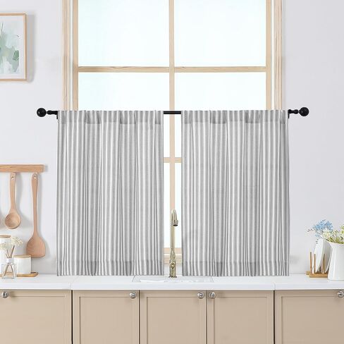 Chyhomenyc Striped Boho Kitchen Curtains 24 Inch Length - Light Filtering Faux Linen Half Window Cafe Curtains, Farmhouse Short Curtain Tiers for Bathroom RV Camper, 30Wx24L, 2 Pieces, Grey in Kuwait
