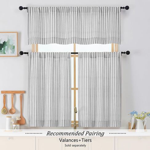 Chyhomenyc Striped Boho Kitchen Curtains 24 Inch Length - Light Filtering Faux Linen Half Window Cafe Curtains, Farmhouse Short Curtain Tiers for Bathroom RV Camper, 30Wx24L, 2 Pieces, Grey in Kuwait
