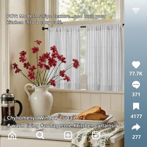 Chyhomenyc Striped Boho Kitchen Curtains 24 Inch Length - Light Filtering Faux Linen Half Window Cafe Curtains, Farmhouse Short Curtain Tiers for Bathroom RV Camper, 30Wx24L, 2 Pieces, Grey in Kuwait