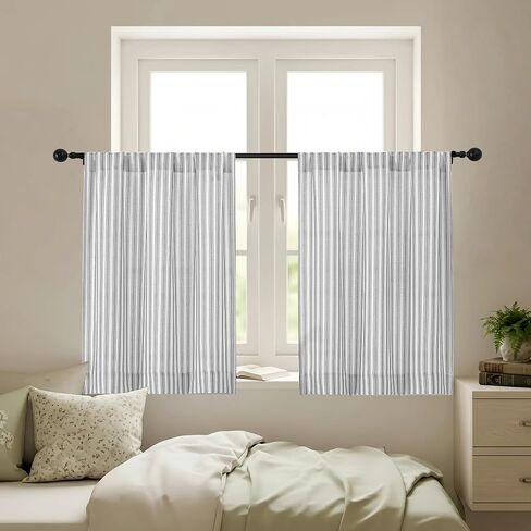 Chyhomenyc Striped Boho Kitchen Curtains 24 Inch Length - Light Filtering Faux Linen Half Window Cafe Curtains, Farmhouse Short Curtain Tiers for Bathroom RV Camper, 30Wx24L, 2 Pieces, Grey in Kuwait