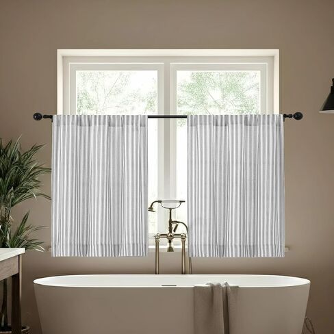 Chyhomenyc Striped Boho Kitchen Curtains 24 Inch Length - Light Filtering Faux Linen Half Window Cafe Curtains, Farmhouse Short Curtain Tiers for Bathroom RV Camper, 30Wx24L, 2 Pieces, Grey in Kuwait