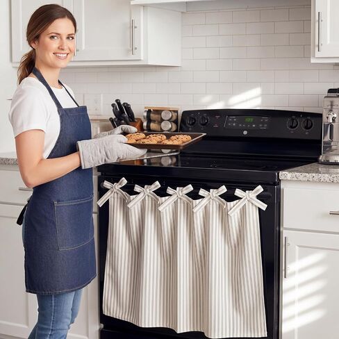 Handmade Striped Oven Skirt Curtain for Stove Farmhouse Kitchen Decor, Cotton Rustic Country Stove Cover Skirt Decorative Cottage Kitchen Curtains for Oven Washer Dish Cabinet in Saudi Arabia