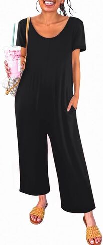 Jumpsuits for Women Summer Short Sleeve U Neck Rompers Casual Loose Fit Wide Leg One Piece Outfits with Pockets in Saudi Arabia